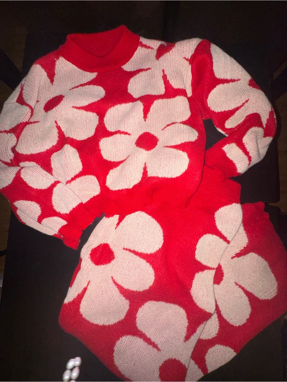 Womens Red Floral Knit Sweater